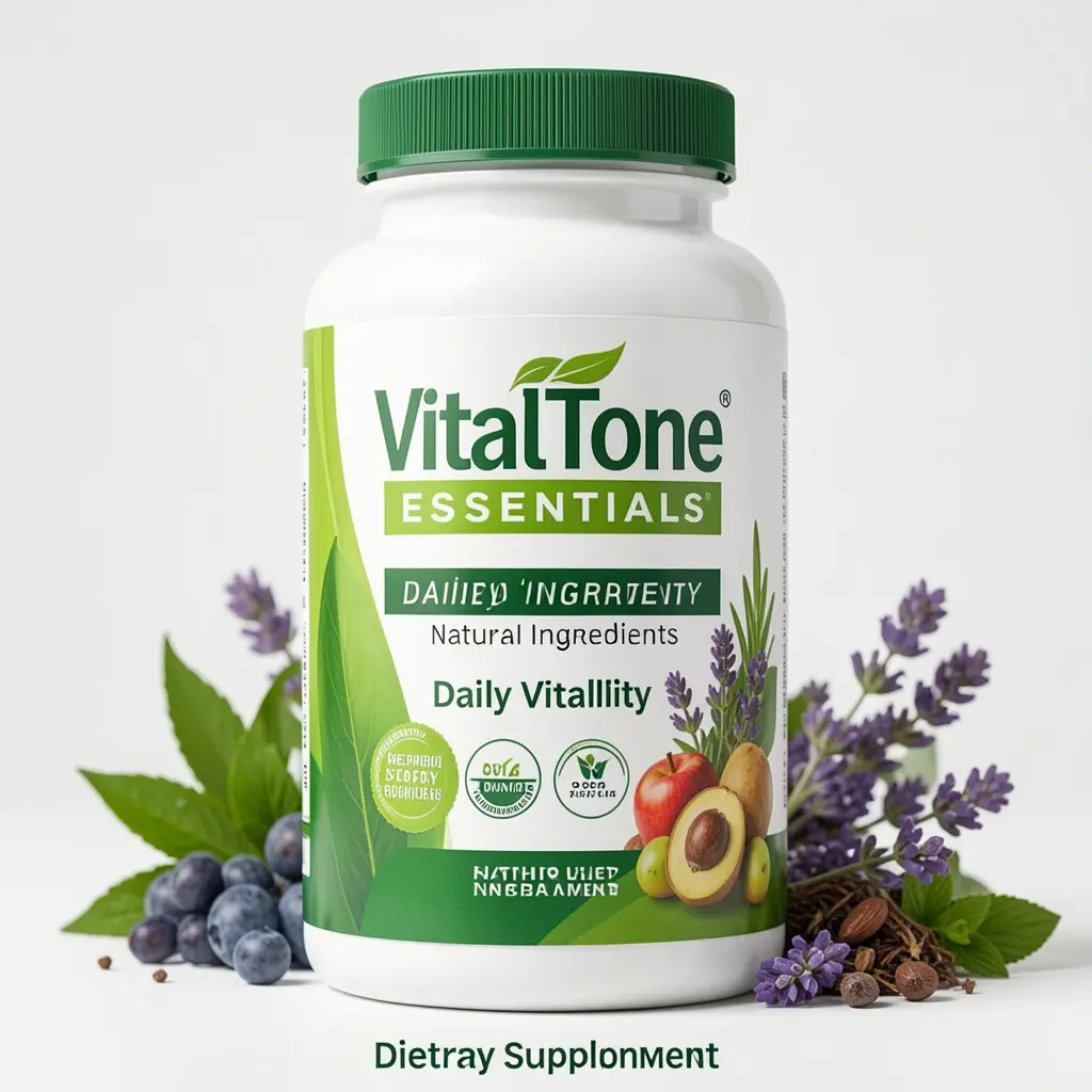 VitalTone Essentials dietary supplement bottle with natural ingredients for daily vitality
